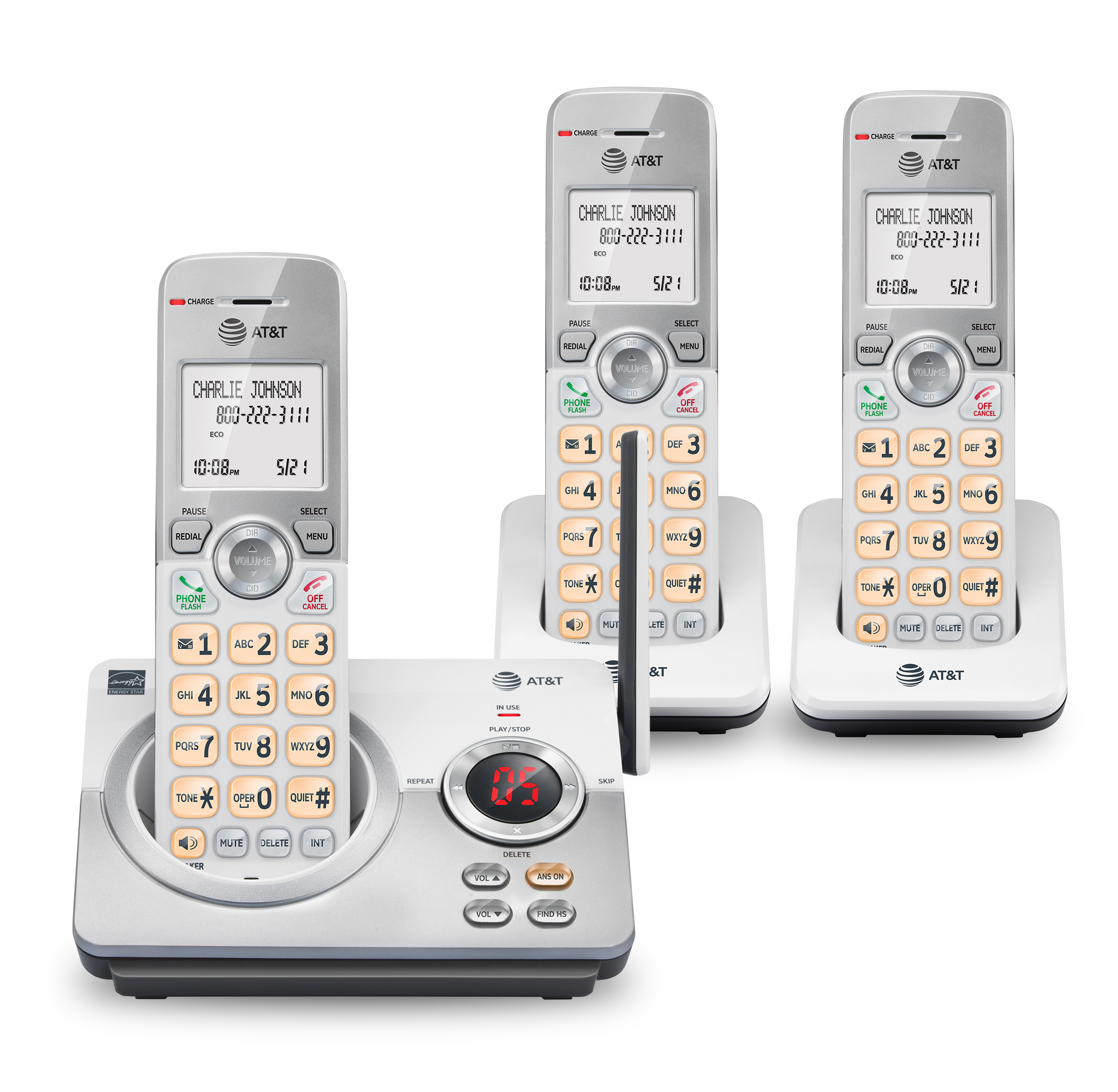 AT&T EL52319 Expandable Cordless Phone with Unsurpassed Range, Answering System and Caller ID, 3 Handsets, White/Silver - image 1 of 10
