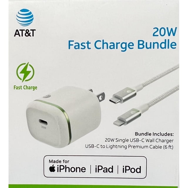 AT&T Fast Charge Compact Bundle, USB-C Wall Block and Lightning Cable ...