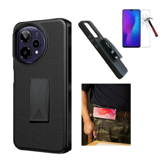 For AT&T Motivate Pro 2 5G / Cricket Icon Pro (2026) Case, Black Shockproof 360-Degree Rotating Belt Clip Kickstand Case Cover + Tempered Glass Screen Protector