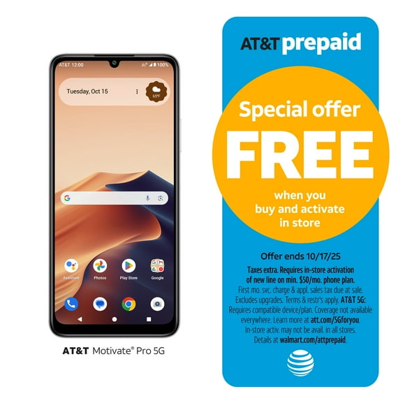 AT&T Motivate Pro 5G, 128GB, Pearl White - Prepaid Smartphone [Locked to AT&T]