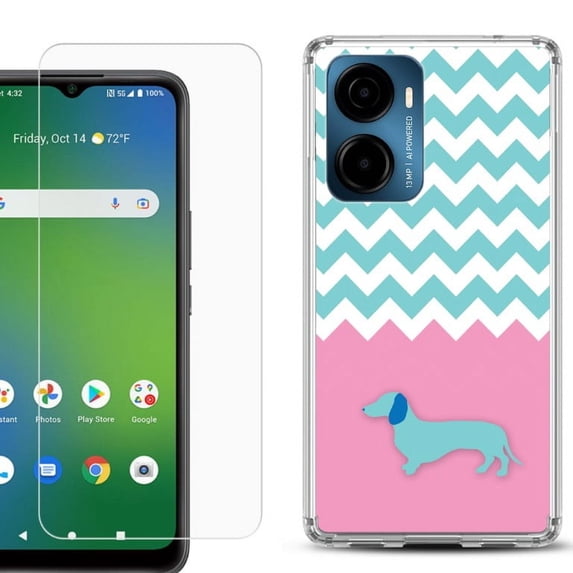 For AT&T Propel 2 5G Phone Case Cover, Shockproof Bumper Hybrid Case with Tempered Glass Screen Protector, by OneToughShield - Chevron/Dachshund/Puppy