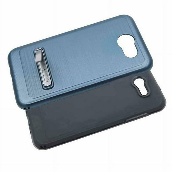 for AT&T Radiant Core / Cricket Icon / BLU Wiko Ride Brushed Metal Phone Case with Tempered Glass Corner Guard Kick Stand Hybrid Slim Bumper Shock Cover