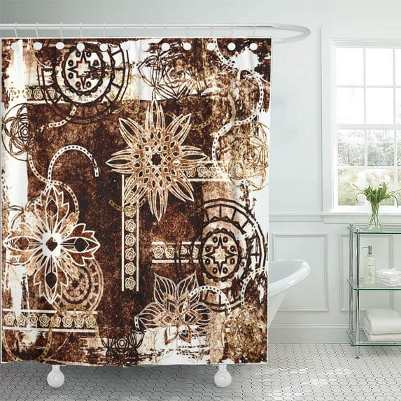ATABIE Abstract Stylization Geometric Damask Vintage Monochrome in Brown White Shower Curtain 66x72 inch