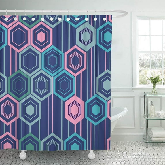 ATABIE Abstract of Hexagons in Blue Pink Light Gray and Green Shower Curtain 60x72 inch