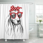 ATABIE Bandana Dog Long Ears Portrait in Red Headband Sunglasses Shower Curtain 66x72 inch