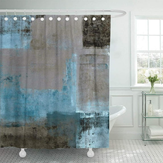 ATABIE Beige Turquoise Teal and Brown Abstract Modern Shower Curtain 60x72 inch