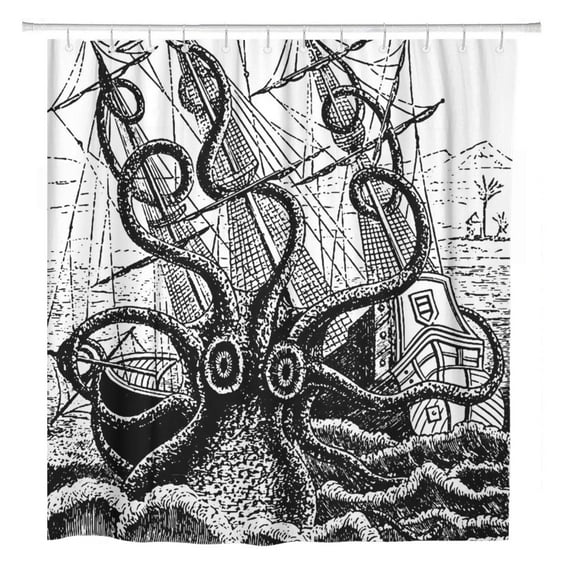 ATABIE Black Kraken Attack Giant Octopus White Vintage Sea Ocean Bathroom Shower Curtain 60x72 inch