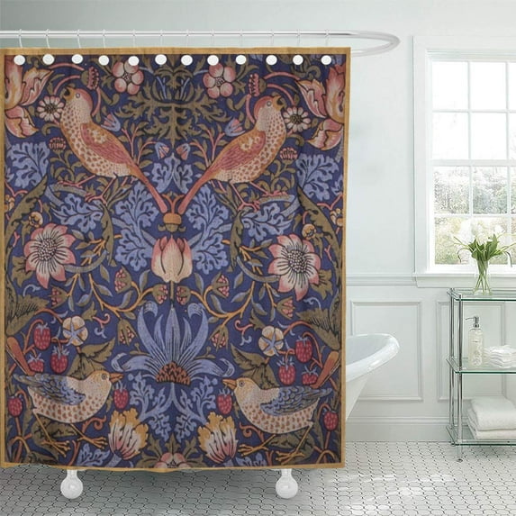 ATABIE Blue Arts William Morris Vintage Strawberry Red Crafts Birds Shower Curtain 60x72 inch