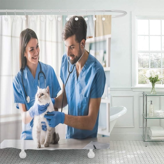 ATABIE Blue Love Beautiful Young Veterinarians are Examining Cute Cat Shower Curtain 66x72 inch