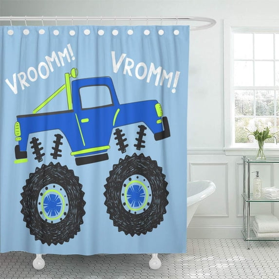 ATABIE Boy Cartoon Monster Truck Graphic Baby Sport Activity Big Shower Curtain 66x72 inch