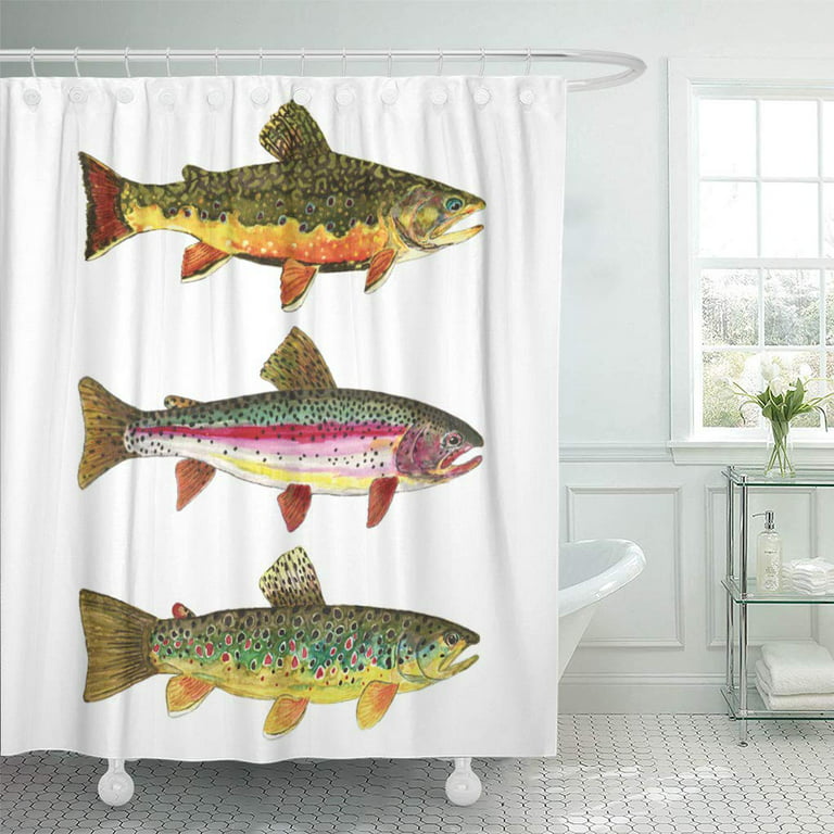 ATABIE Brown Fly Fishing Gear Duck Fish Trout Brook Rainbow Shower Curtain  66x72 inch