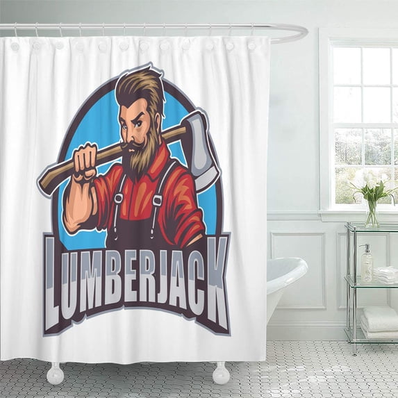 ATABIE Cartoon Mascot Lumberjack Agriculture Axe Badge Beard Carpentry Character Shower Curtain 66x72 inch