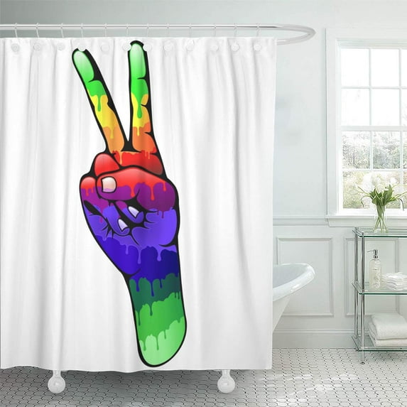 ATABIE Colorful Casting Hand Peace and Love Sign Rainbow Colors Shower Curtain 60x72 inch