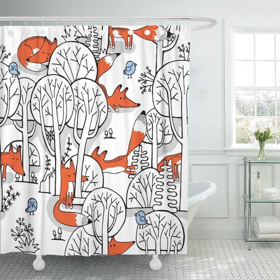 ATABIE Colorful Pattern of Little Fox and Birds in Forest Red Shower Curtain 60x72 inch