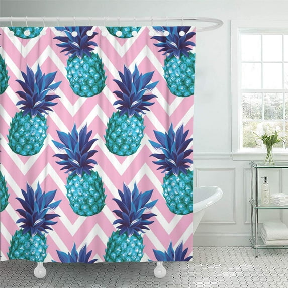 ATABIE Colorful Pink Aloha Pineapple on Abstract Geometrical Blue Hawaiian Shower Curtain 60x72 inch
