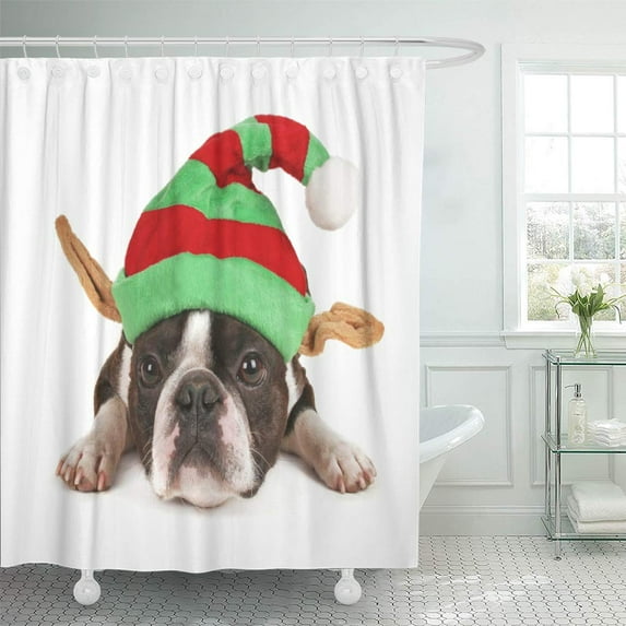 ATABIE Costume White Elf Boston Terrier Christmas Hat on Ears Shower Curtain 60x72 inch