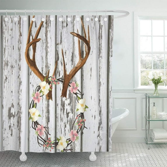 ATABIE Floral Rustic Cabin Wreath of Flowers on Antlers Deer Shower Curtain 66x72 inch