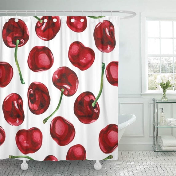 ATABIE Fruit Cherry Watercolor of Red Cherries Pattern White Drawing Shower Curtain 60x72 inch