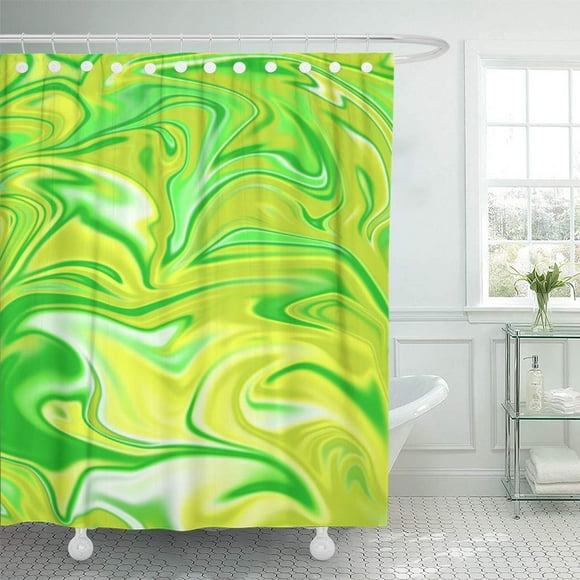 ATABIE Liquefied Green and Yellow Marbleized Abstract Swirls Twirls Pattern Shower Curtain 60x72 inch