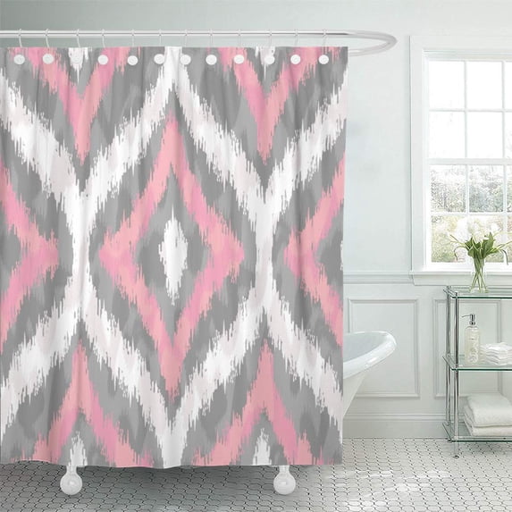 ATABIE Modern Pink and Gray Ogee Ikat Chic Shower Curtain 66x72 inch