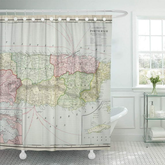 ATABIE Old Vintage Map of Puerto Rico Historical Cartograph Shower Curtain 66x72 inch