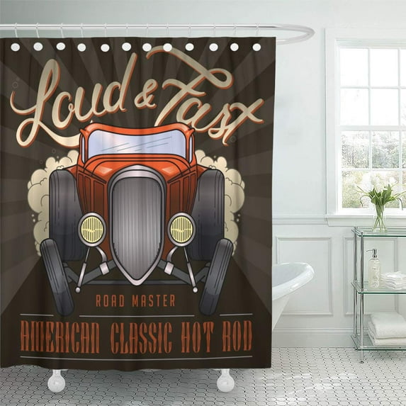 ATABIE Orange Retro Hot Rod Old School Car in Graphics Vintage Shower Curtain 60x72 inch