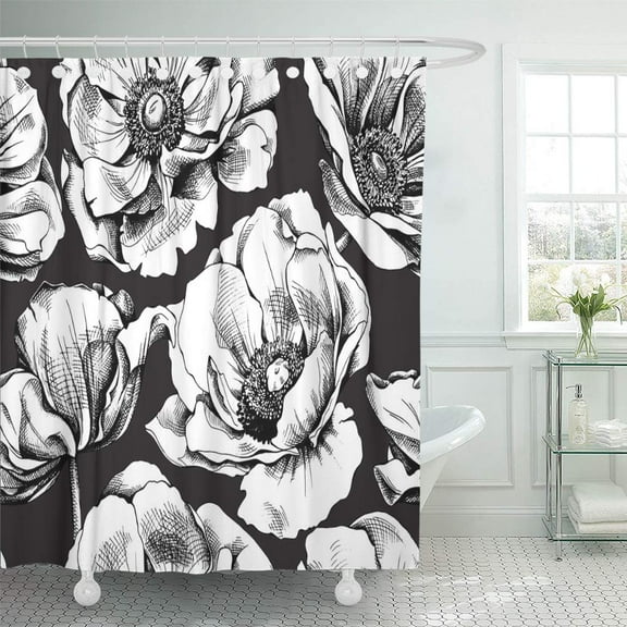 ATABIE Pattern Anemones Flowers Black and White Floral Graphic Wild Shower Curtain 60x72 inch