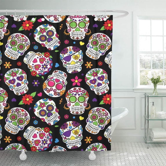 ATABIE Pink Pattern Colorful Sugar Skulls on Black Blue Shower Curtain 60x72 inch