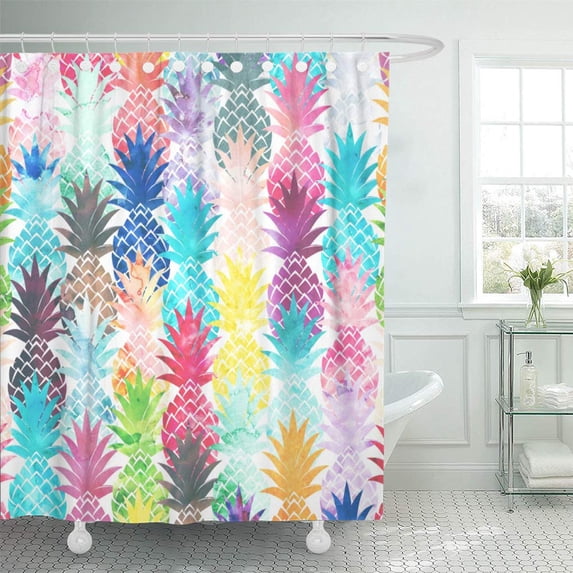 ATABIE Pink Pineapples Hawaiian Pineapple Pattern Tropical Watercolor Teal Bright Shower Curtain 66x72 inch