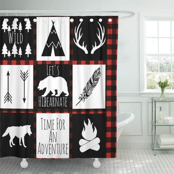 ATABIE Red Black Rustic Buffalo Check Plaid Wilderness Boy Nursery Shower Curtain 66x72 inch