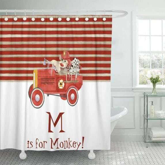 ATABIE Red Retro Sock Monkey W Fire Engine Baby Boy Shower Curtain 66x72 inch
