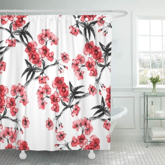ATABIE Seamless Cherry Blossom Background Oriental Ink Painting Sumi E Style Shower Curtain 60x72 inch