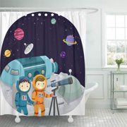 ATABIE Spacecraft Stickman of Kids Using Telescope to Observe Planets Shower Curtain 60x72 inch