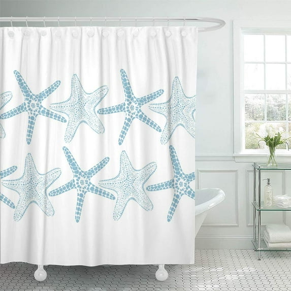 ATABIE Star Blue Fish Starfishes Sea Pattern in Graphic White Shower Curtain 66x72 inch