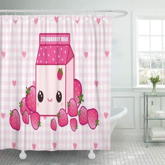 ATABIE Strawberry Cute Pink Milk Carton Kawaii Strawberries Love Shower Curtain 60x72 inch