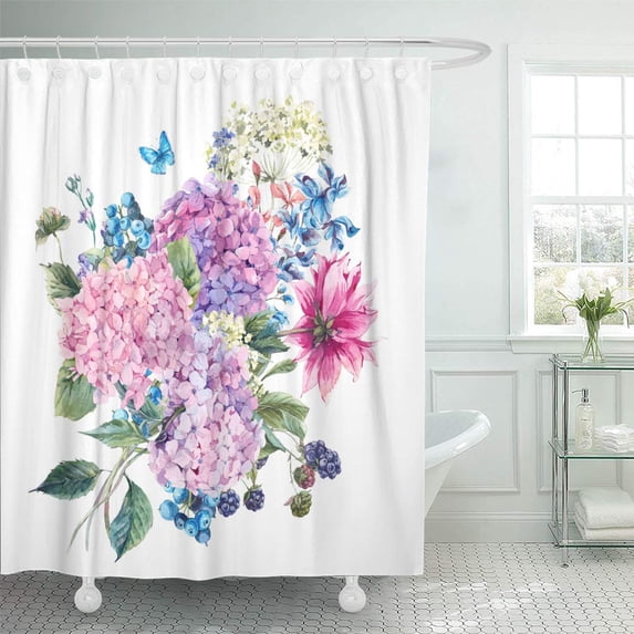 ATABIE Summer Watercolor Vintage Floral Blooming Hydrangea and Garden Flowers Shower Curtain 66x72 inch