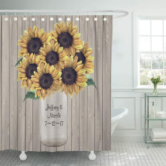 ATABIE Sunflower Rustic Barn Wedding Wood Mason Jar Country Backyard Shower Curtain 60x72 inch