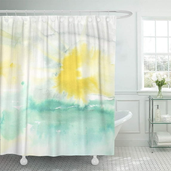 ATABIE Teal Abstract Watercolor Turquoise Yellow Sun Hand Blue Watercolour Artistic Shower Curtain 66x72 inch