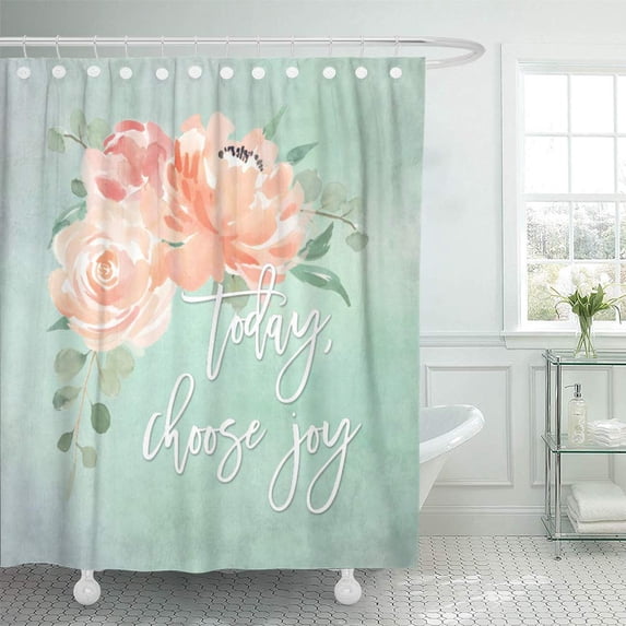 ATABIE Watercolor Aqua Peach Floral Inspirational Pink Brush Script Inspired Shower Curtain 60x72 inch