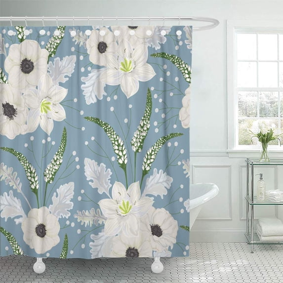 ATABIE White Anemone Flowers Eucharis Lily Dusty Miller Snapdragons Shower Curtain 60x72 inch