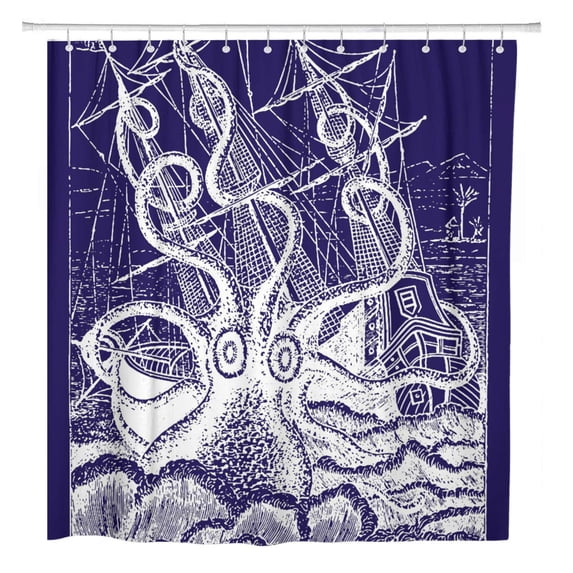 ATABIE White Kraken Attack Blue Octopus Vintage Sea Ocean Bathroom Shower Curtain 66x72 inch