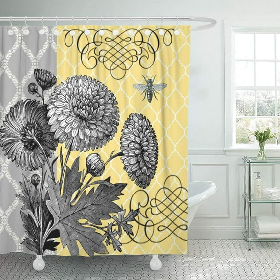ATABIE Yellow Bee Modern Vintage Floral Grey Trefoil Shower Curtain 60x72 inch