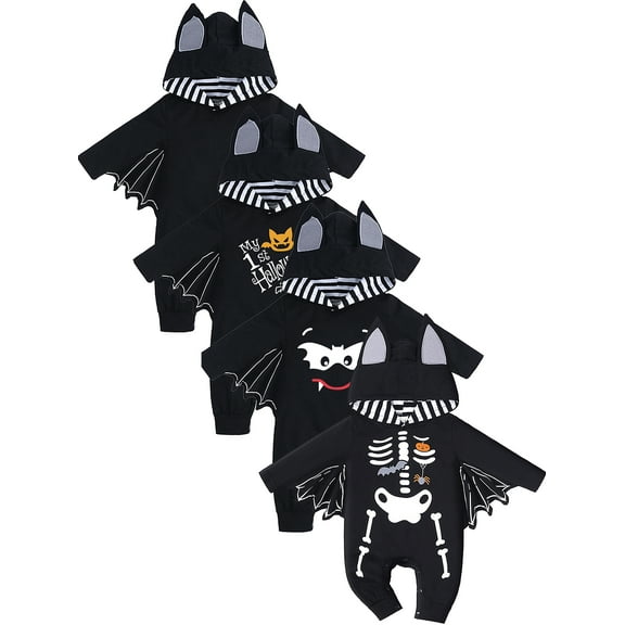 ATAIKU 0-18M Halloween Bat Jumpsuit for Unisex Baby Cotton Bodysuit Skeleton Romper for Newborn Girls - 1PCS