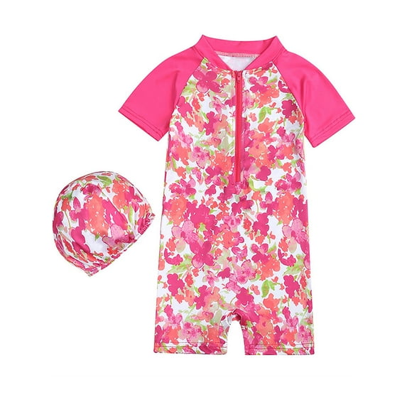 ATAIKU 12M-8Y Baby Girls One Piece Rash Guard Swimsuit with Hat Kids Flowers Short Swimsuit UPF 50+