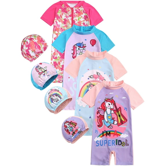 ATAIKU 12M-8Y Baby Girls One Piece Rash Guard Swimsuit with Hat Kids Unicorn Short Swimsuit UPF 50+