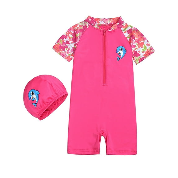 ATAIKU 12M-8Y Girls' Sunsuit Dolphin One Piece Swimsuit with Hat Kids Swimwear UPF 50+
