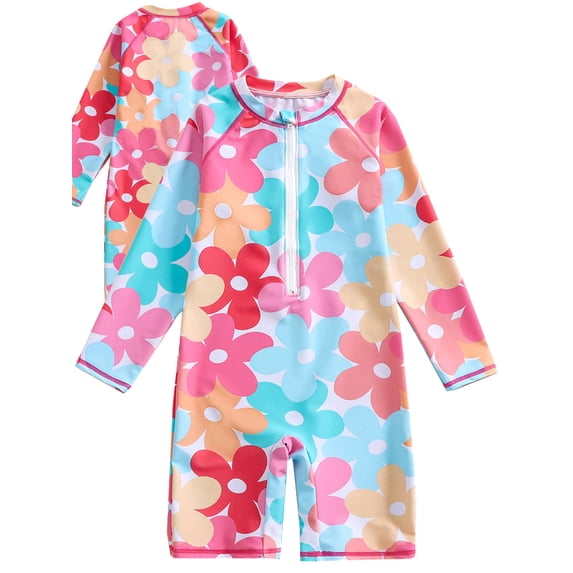 ATAIKU 18M-7Y Baby Girls One Piece Swimsuit Kids Rash Guard Zipper Bathing Suit UPF 50+ Toddler Sunsuit Swimwear - Flowers