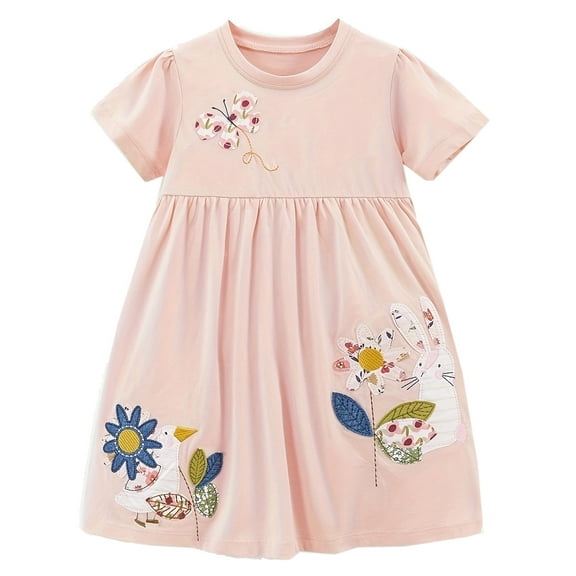 ATAIKU 2-7T Toddler Girls Short Sleeve Dress 100% Cotton Flowers Casual Summer Appliques Shirt Jersey Dresses