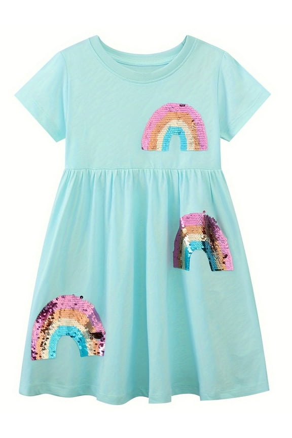 2-7T Toddler Girls Short Sleeve Dress 100% Cotton Sequin Rainbow Casual Summer Appliques Shirt Jersey Dresses