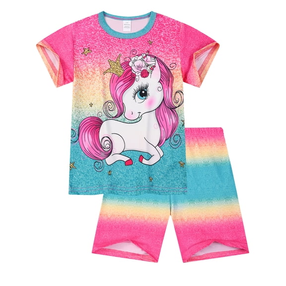 ATAIKU 3-10Y Toddler and Little Girls Rainbow Unicorn Pajamas 2-Piece Shirt & Shorts Pjs Set Big Kids Summer Jammies
